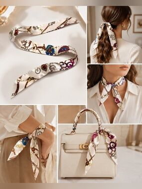 Luxury Equestrian Print Skinny Silk Scarf Hair Bag Accent